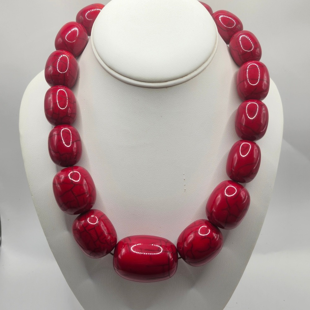 Marion Godart Red Resin Style Chunky Bead Statement Necklace Hidden Barrel Clasp